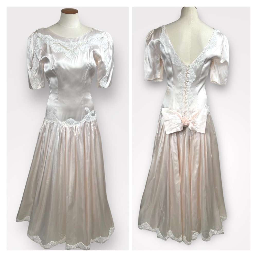 Vintage 80s Pink Satin Prom Gown Drop Waist Lace Large Bow Size Small